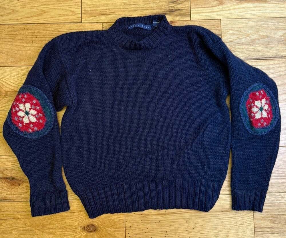 Birch Bros Sweater Womens Small Navy Blue Stitched Embroidery Elbow Patches Wool